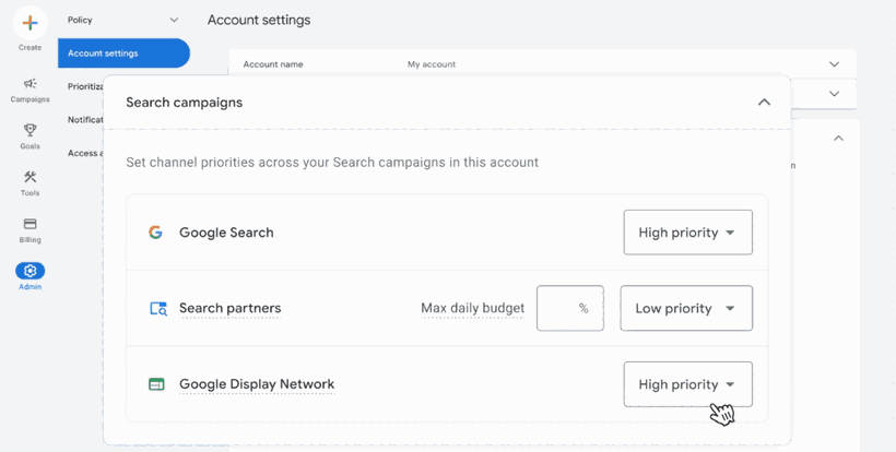 Google Ads account settings for Search campaigns, with Google Search and Google Display Network set to High priority and Search partners set to Low priority with a Max daily budget percentage field