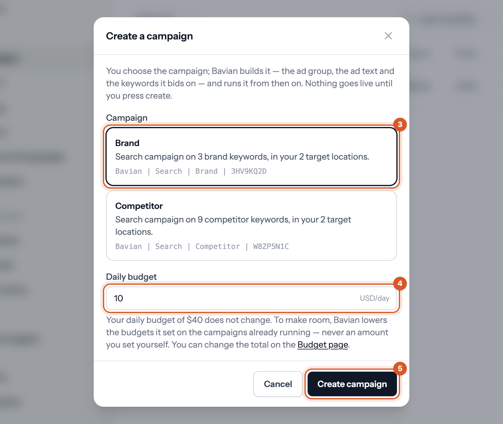 The Create a campaign dialog, with the Brand campaign chosen (3), a daily budget of 10 USD a day entered (4) and the Create campaign button marked 5