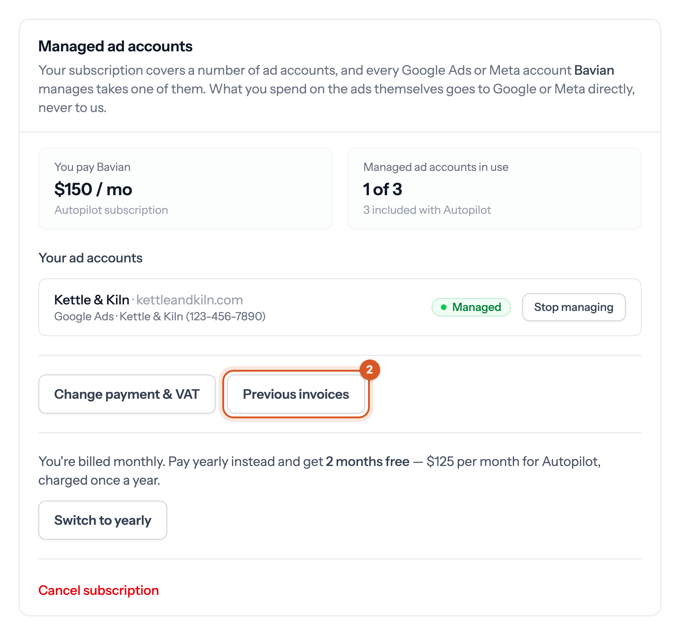 The Managed ad accounts card on the Account page, with the Previous invoices button marked 2 next to Change payment & VAT
