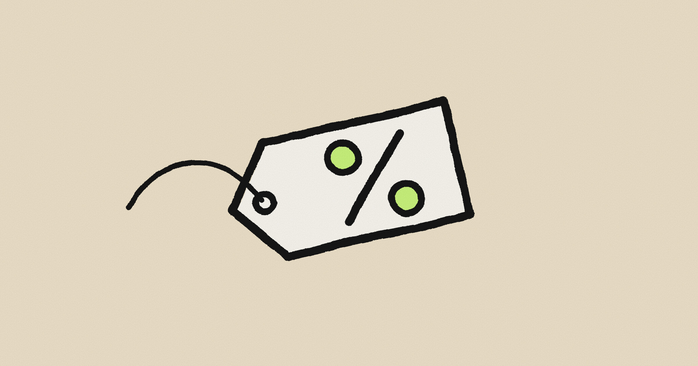 A hand-drawn price tag with a percent sign on a sand-colored background