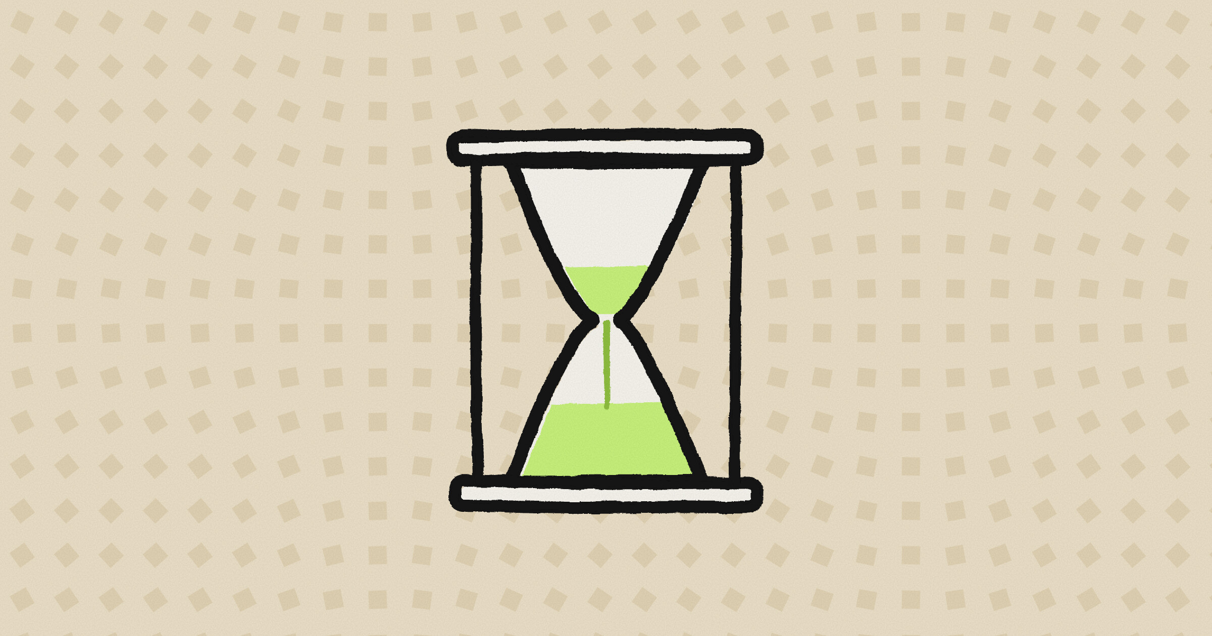 A hand-drawn hourglass with lime sand on a sand-colored background patterned with slightly turned squares