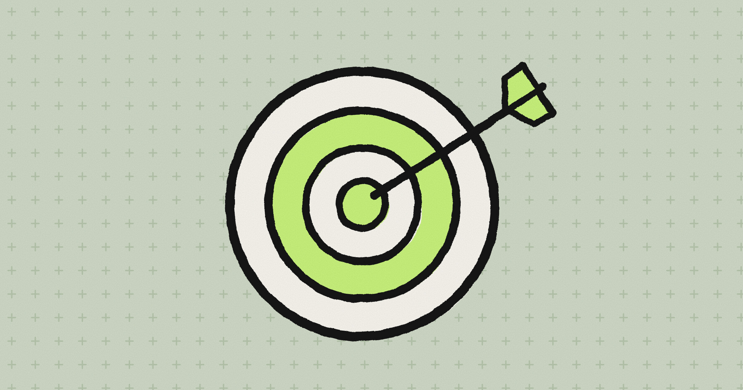 A hand-drawn target with lime rings and a dart just off the center, on a sage-green background with small plus marks