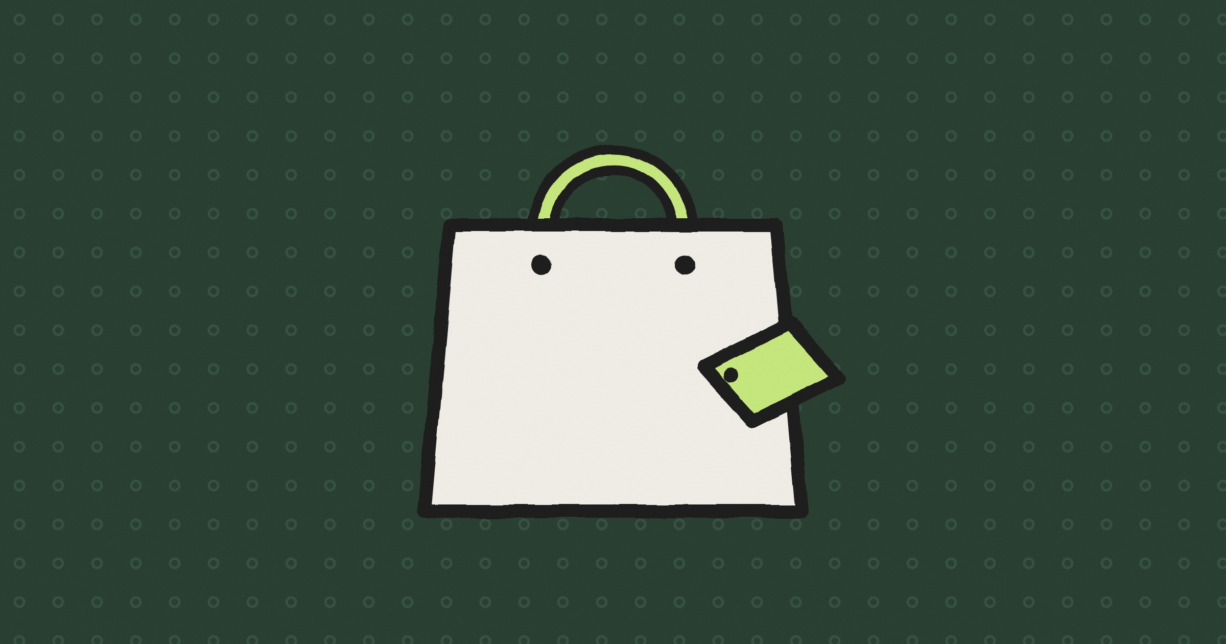 A hand-drawn shopping bag with a lime handle and a lime price tag, on a dark green background with small rings