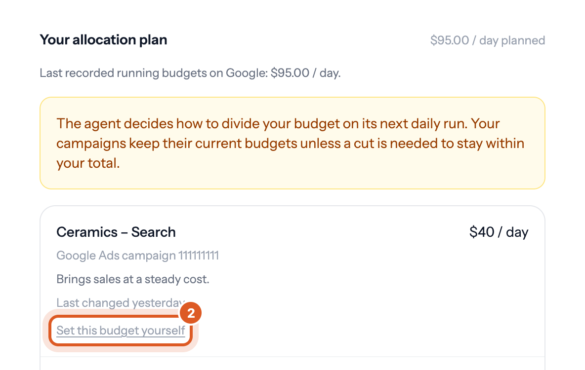 Bavian's Budget page after a higher total, saying the agent divides the budget on its next daily run, with Set this budget yourself marked 2 on a campaign's row