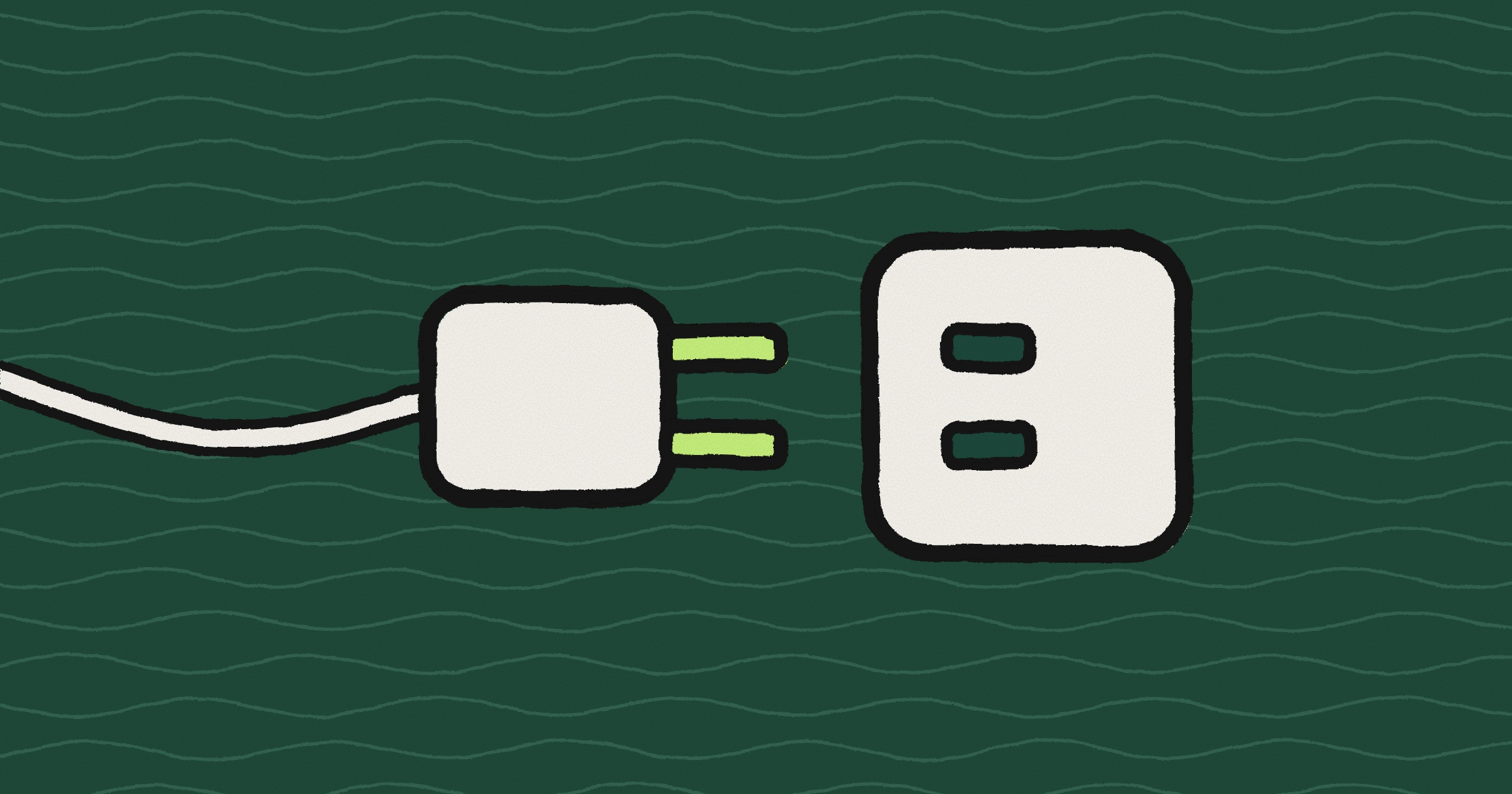 A hand-drawn plug with lime prongs about to go into a socket, on a dark green background with hand-drawn wavy lines