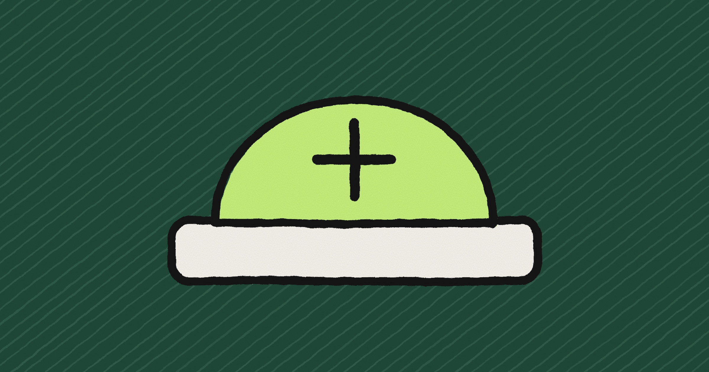A big hand-drawn push button with a lime dome marked with a plus sign, on a dark green background with hand-drawn diagonal hatching