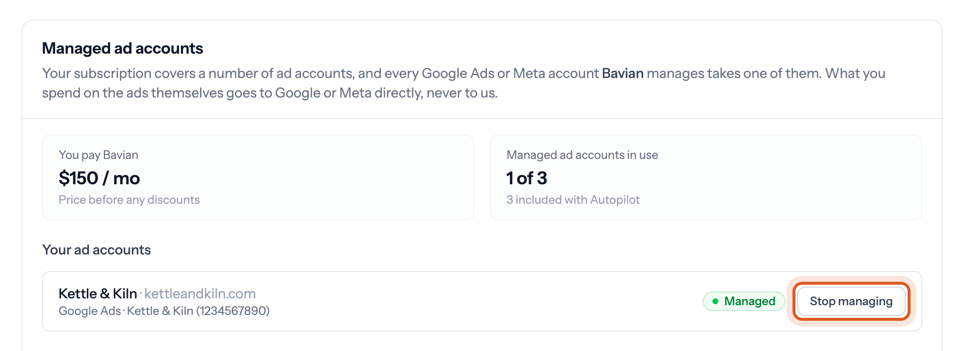The Managed ad accounts card on Bavian's Account page, with Stop managing marked next to the Google Ads account