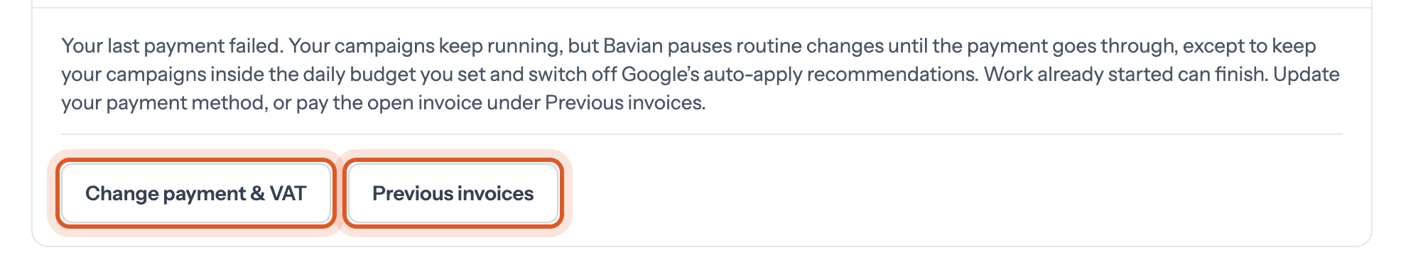 The Managed ad accounts card on Bavian's Account page after a failed payment, with Change payment & VAT and Previous invoices marked
