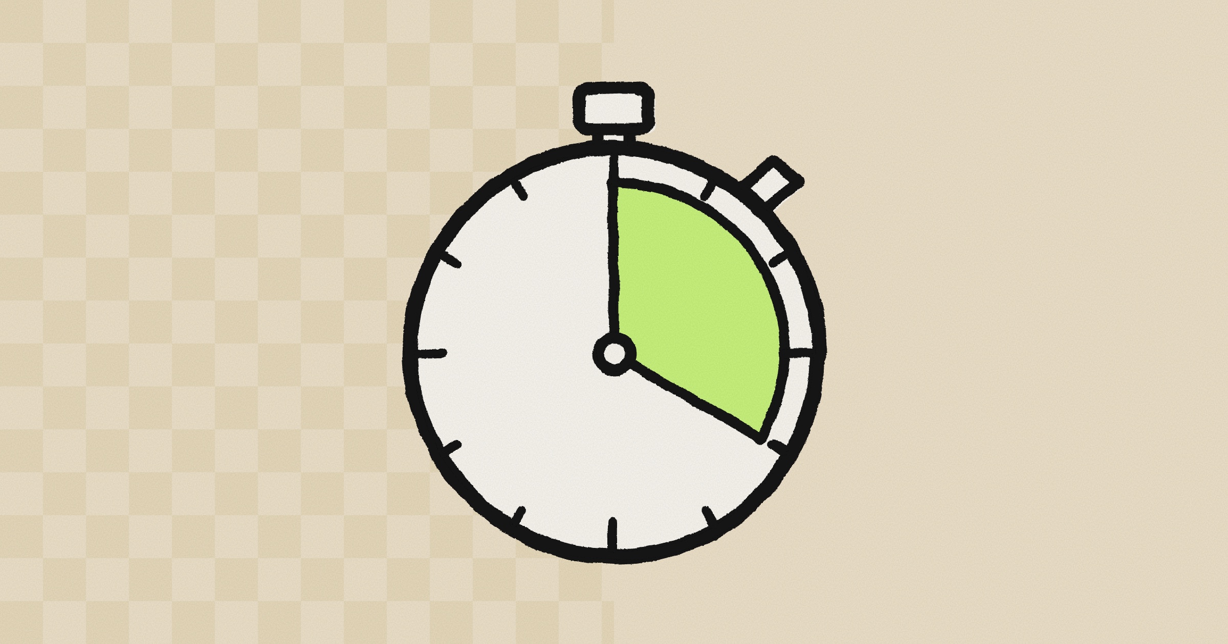 A hand-drawn stopwatch with a lime wedge marking the time used so far, on a sand-colored background with soft checks on the left half