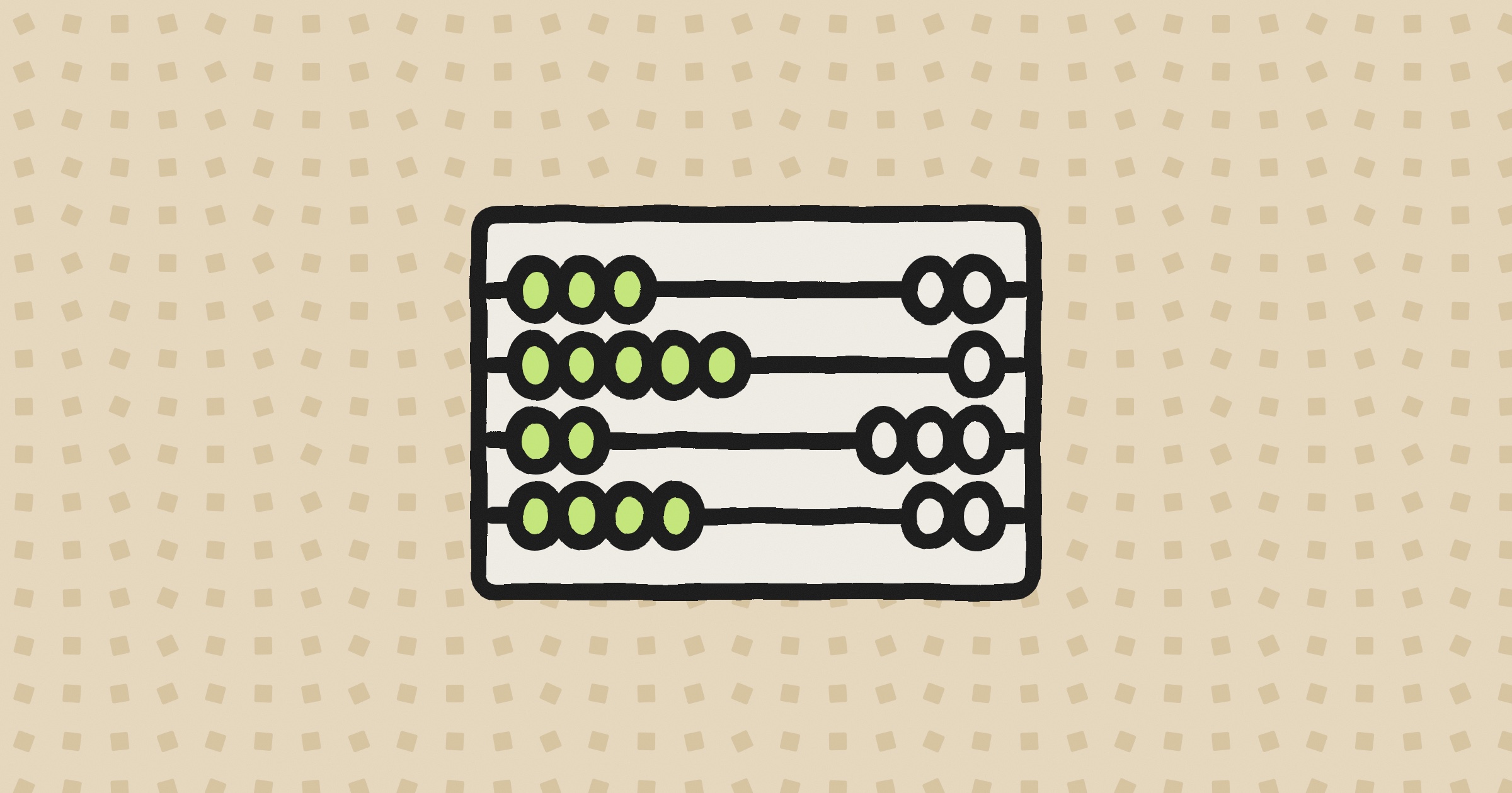 A hand-drawn abacus with lime and white beads on four rods, on a sand-colored background patterned with slightly turned squares
