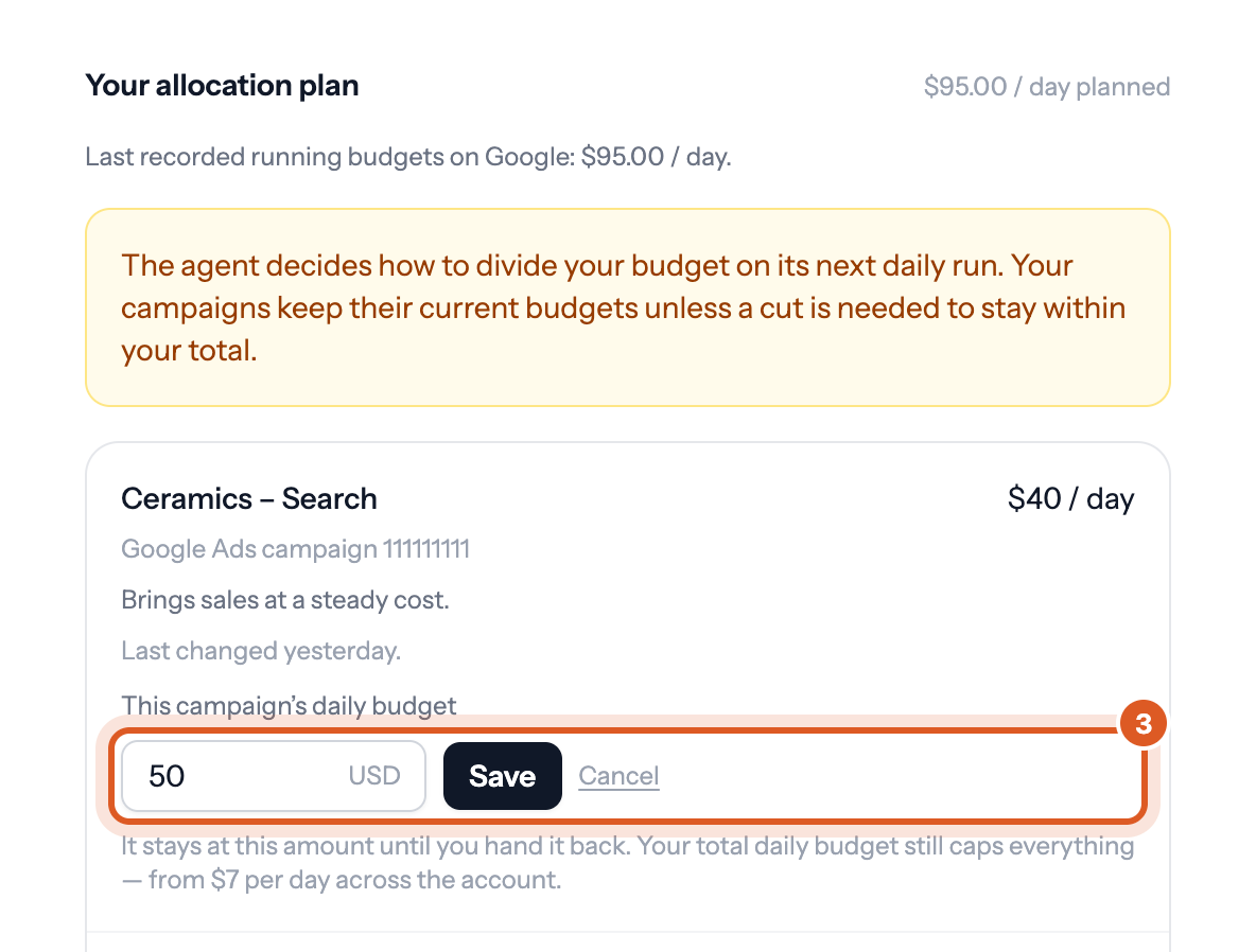 The same campaign row with its daily budget field and Save marked 3