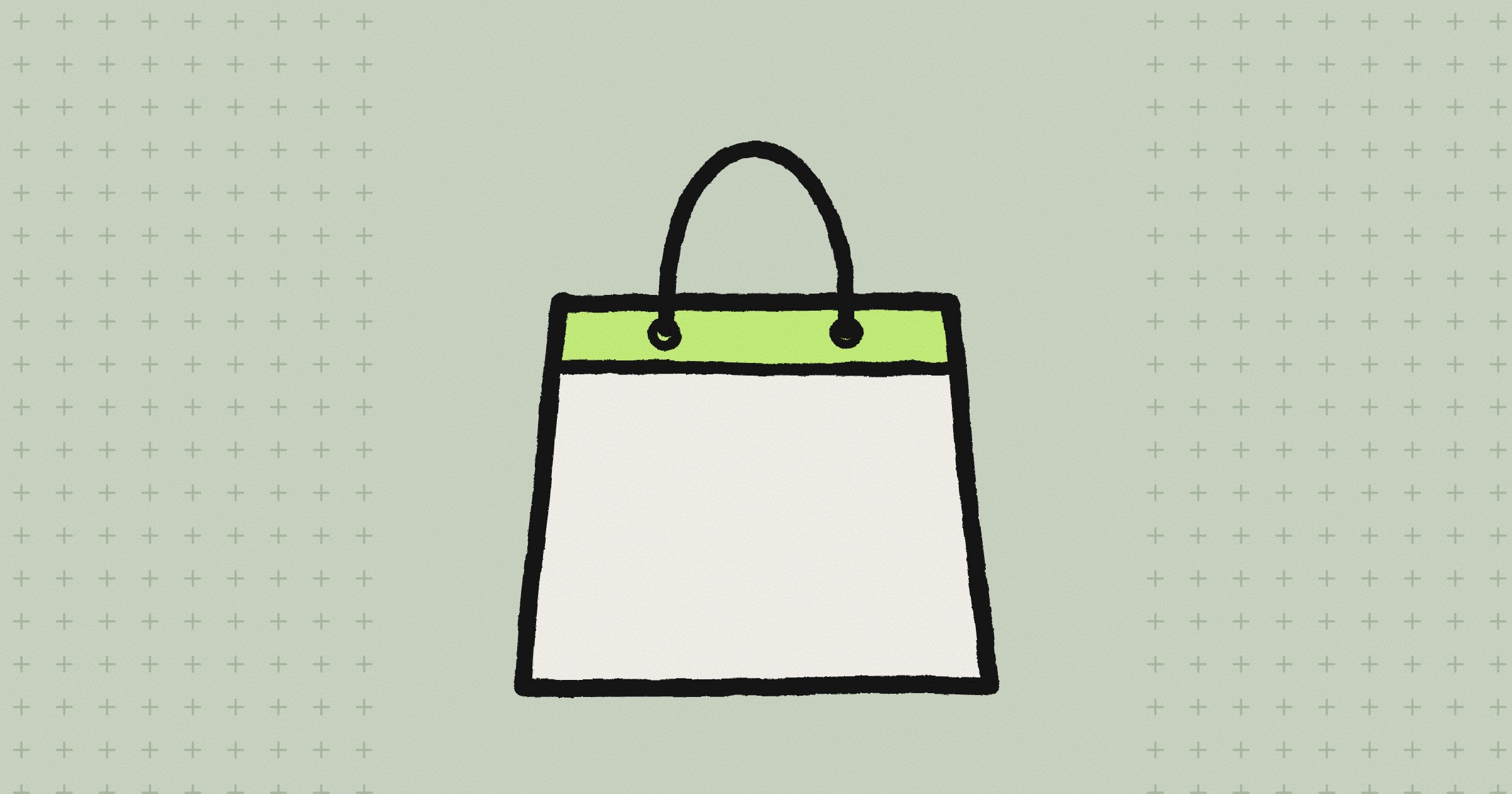A hand-drawn shopping bag with a lime top band and a rope handle, on a sage-green background with small plus marks at both sides