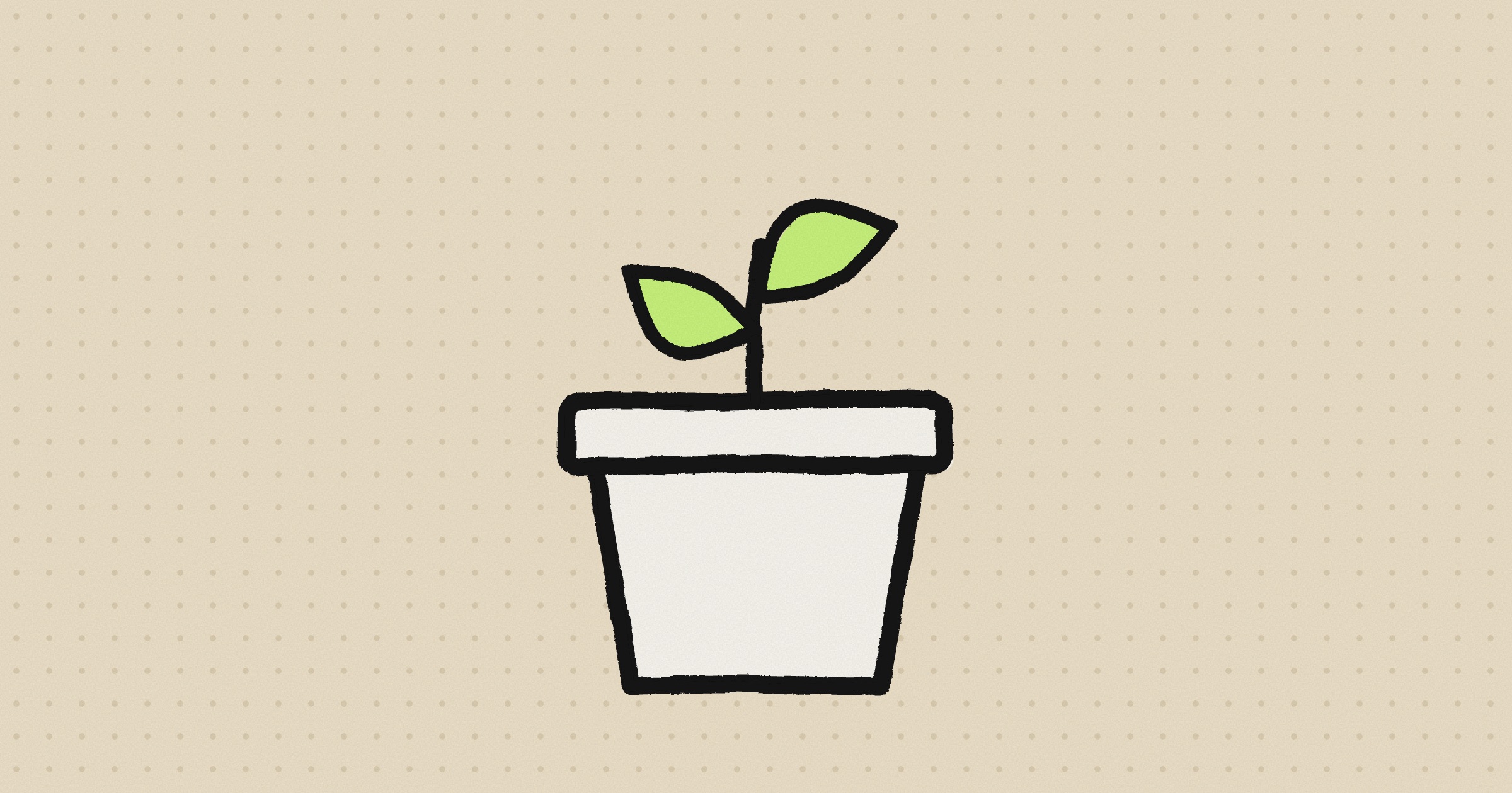 A hand-drawn flower pot with a small sprout and two lime leaves, on a sand-colored background with an even dot grid