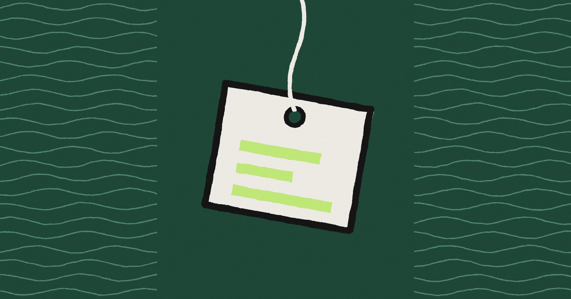 A hand-drawn paper label hanging from a string, with three lime bars of different lengths, on a dark green background with wavy lines at both sides