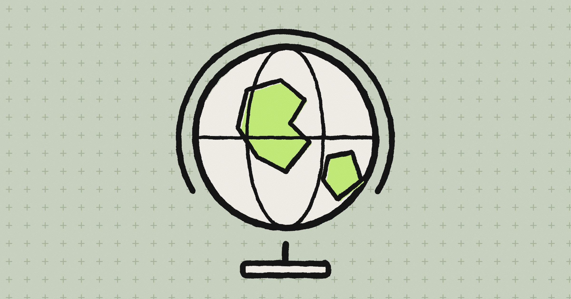 A hand-drawn globe on a stand with two lime land shapes, on a sage-green background with small plus marks