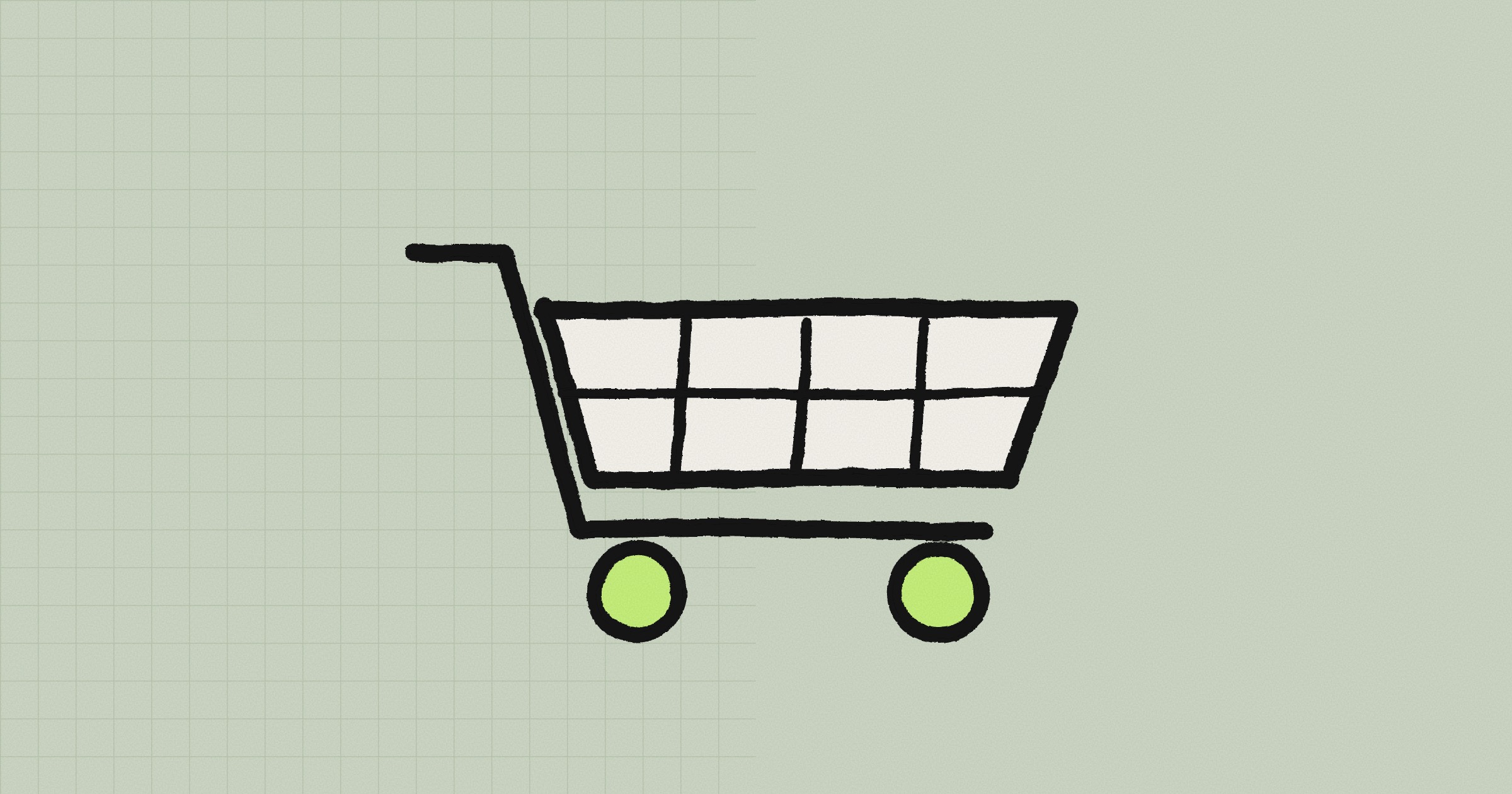 A hand-drawn shopping cart with a paper basket and lime wheels, on a sage-green background with a fine grid on the left half
