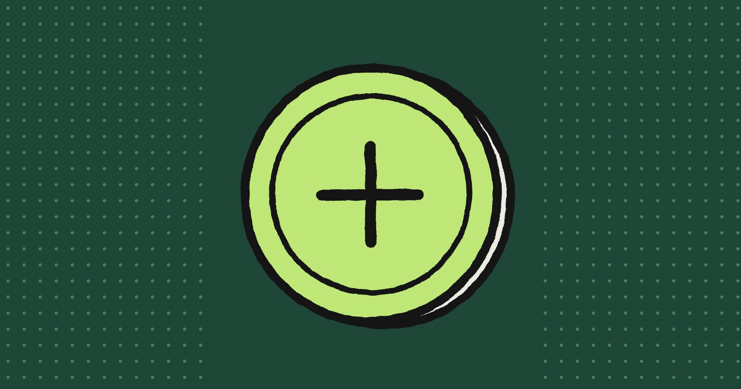A hand-drawn coin with a lime face and an inked plus sign, on a dark green background with dot grids at both sides
