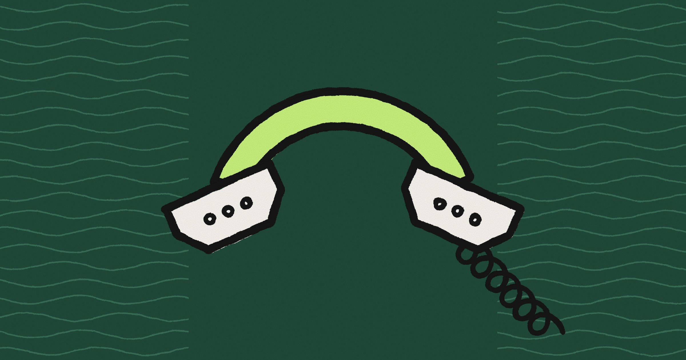 A hand-drawn telephone handset with a lime grip, paper ear and mouth pieces and a coiled cord, on a dark green background with wavy lines at both sides