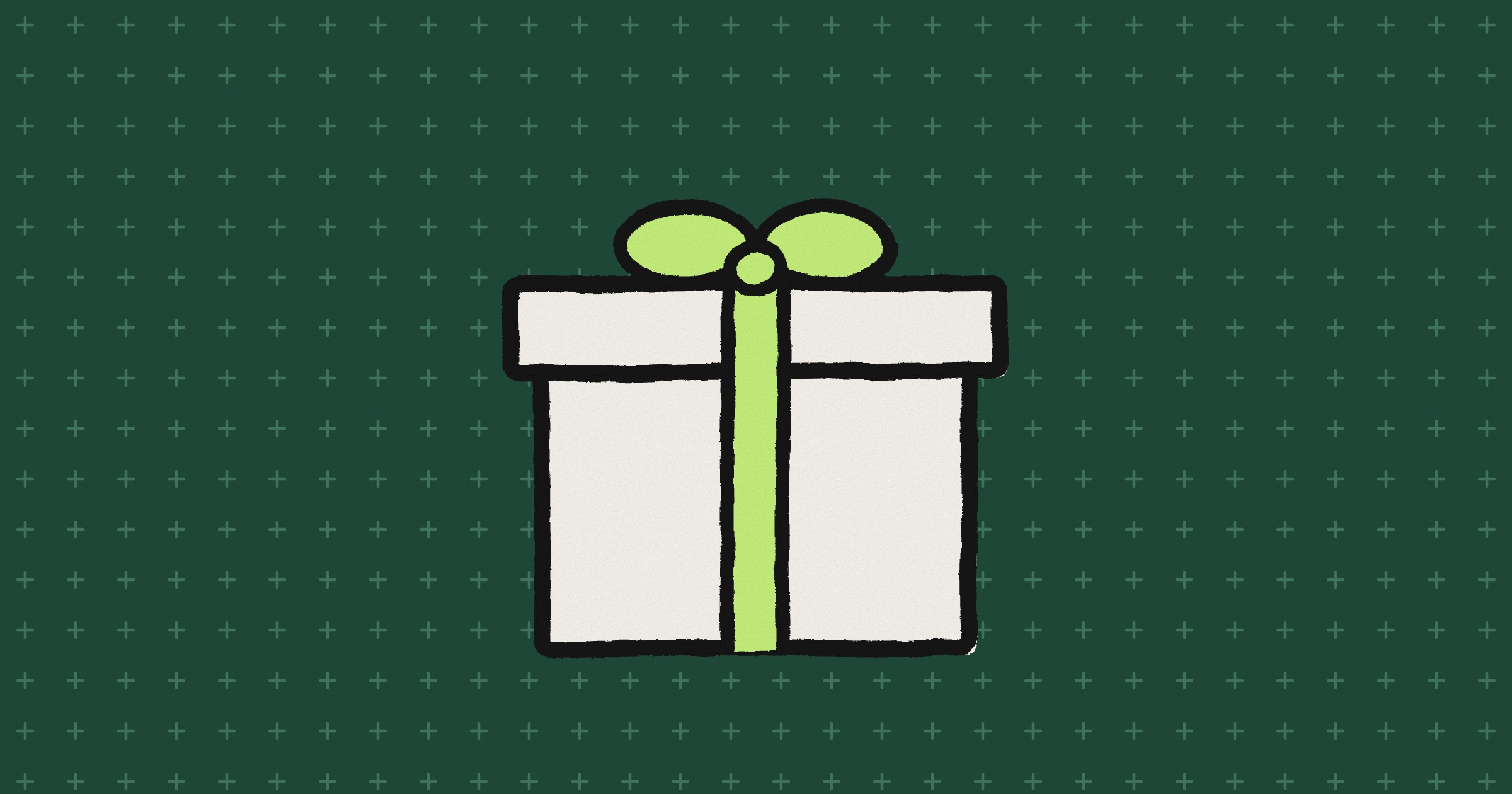 A hand-drawn gift box with a lime ribbon and bow, on a dark green background with small plus marks