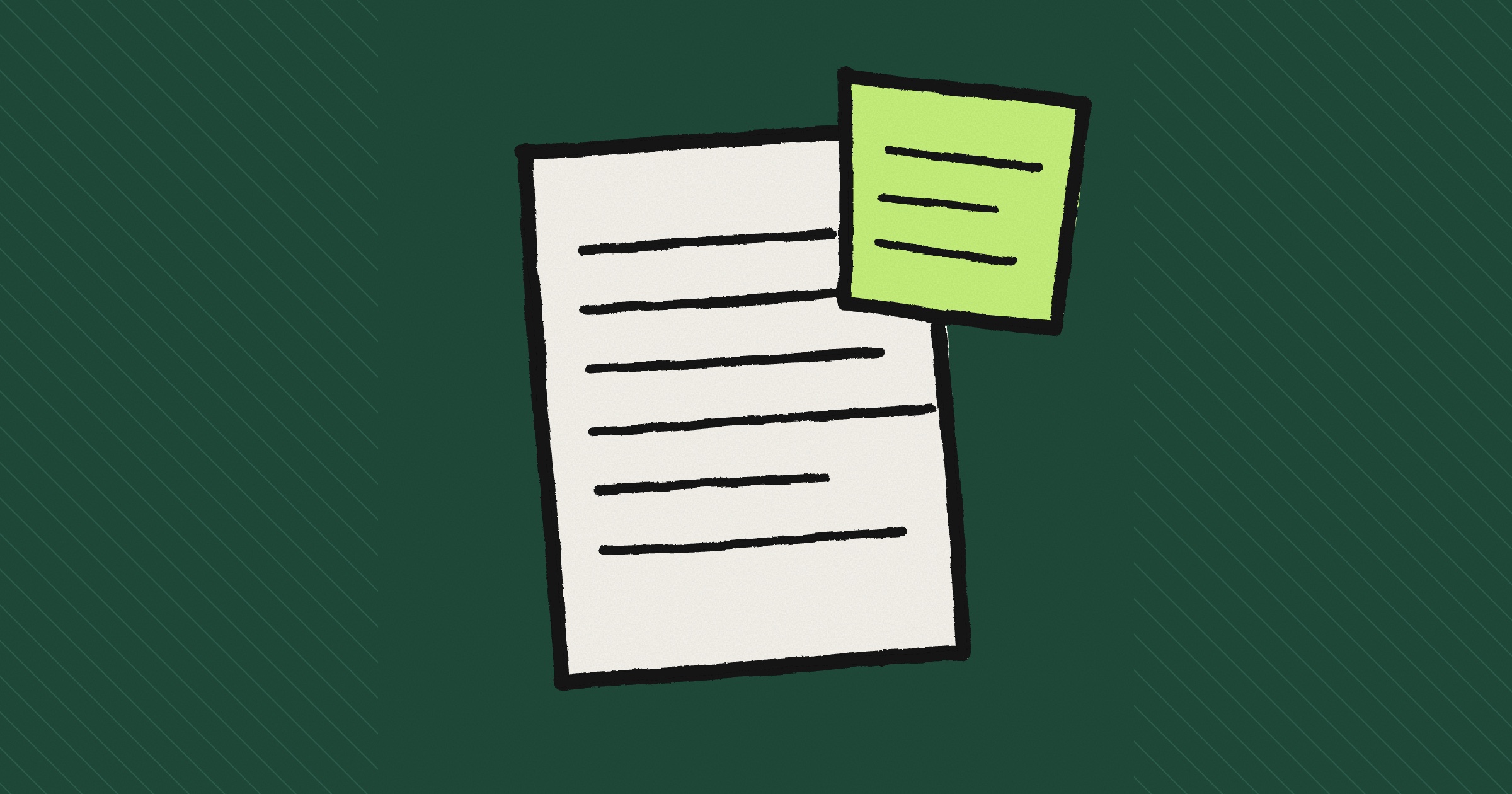 A hand-inked paper sheet with lines of text and a lime sticky note stuck on its top corner, on a dark green background with fine diagonal lines at both sides