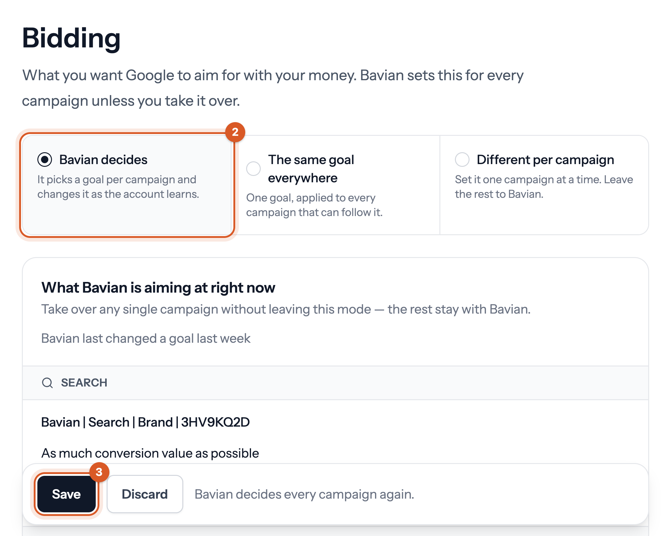 Bavian's Bidding page with Bavian decides marked 2 and Save marked 3
