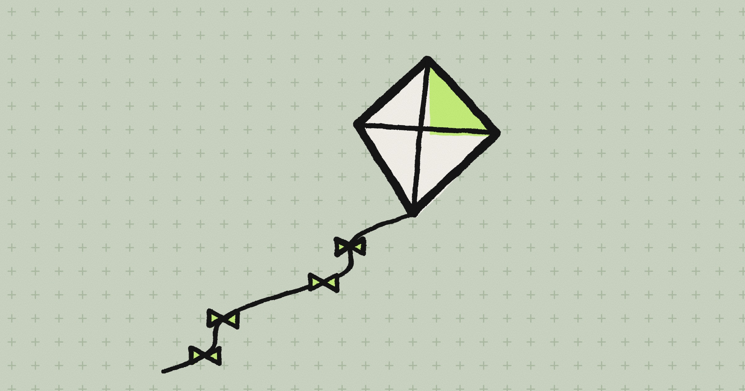 A hand-inked kite on a sage background of small plus marks, one quarter of it lime, its string tied with lime bows