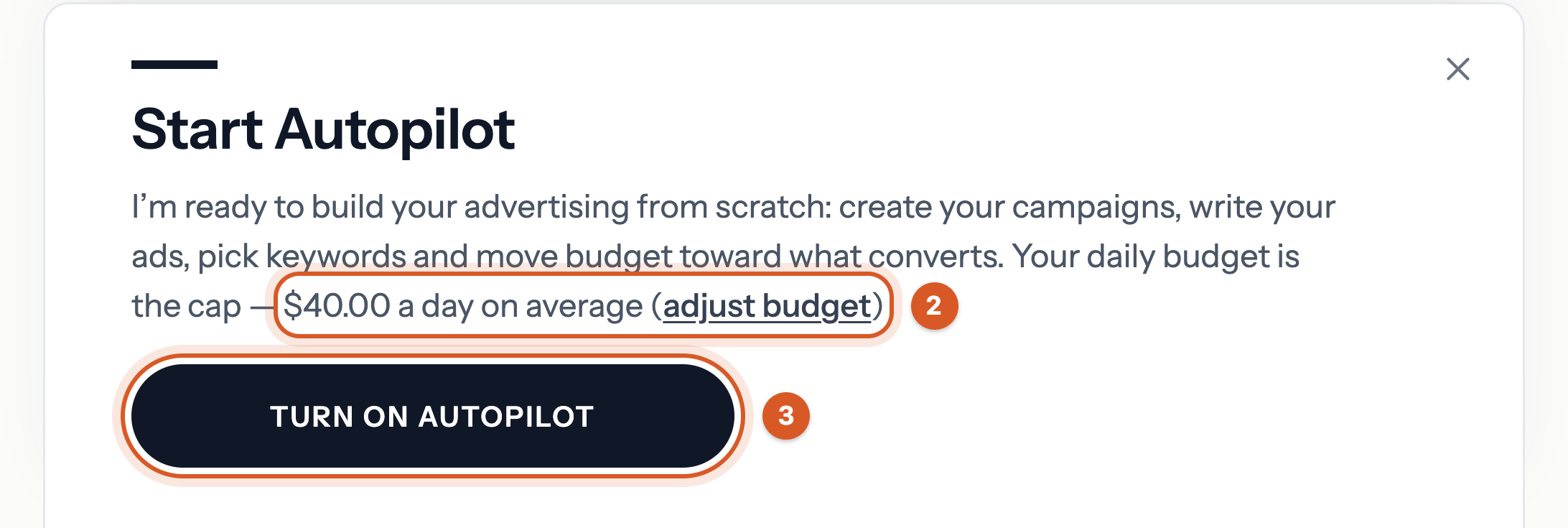 The Start Autopilot box on Insights with the daily budget and adjust budget marked 2 and Turn on Autopilot marked 3