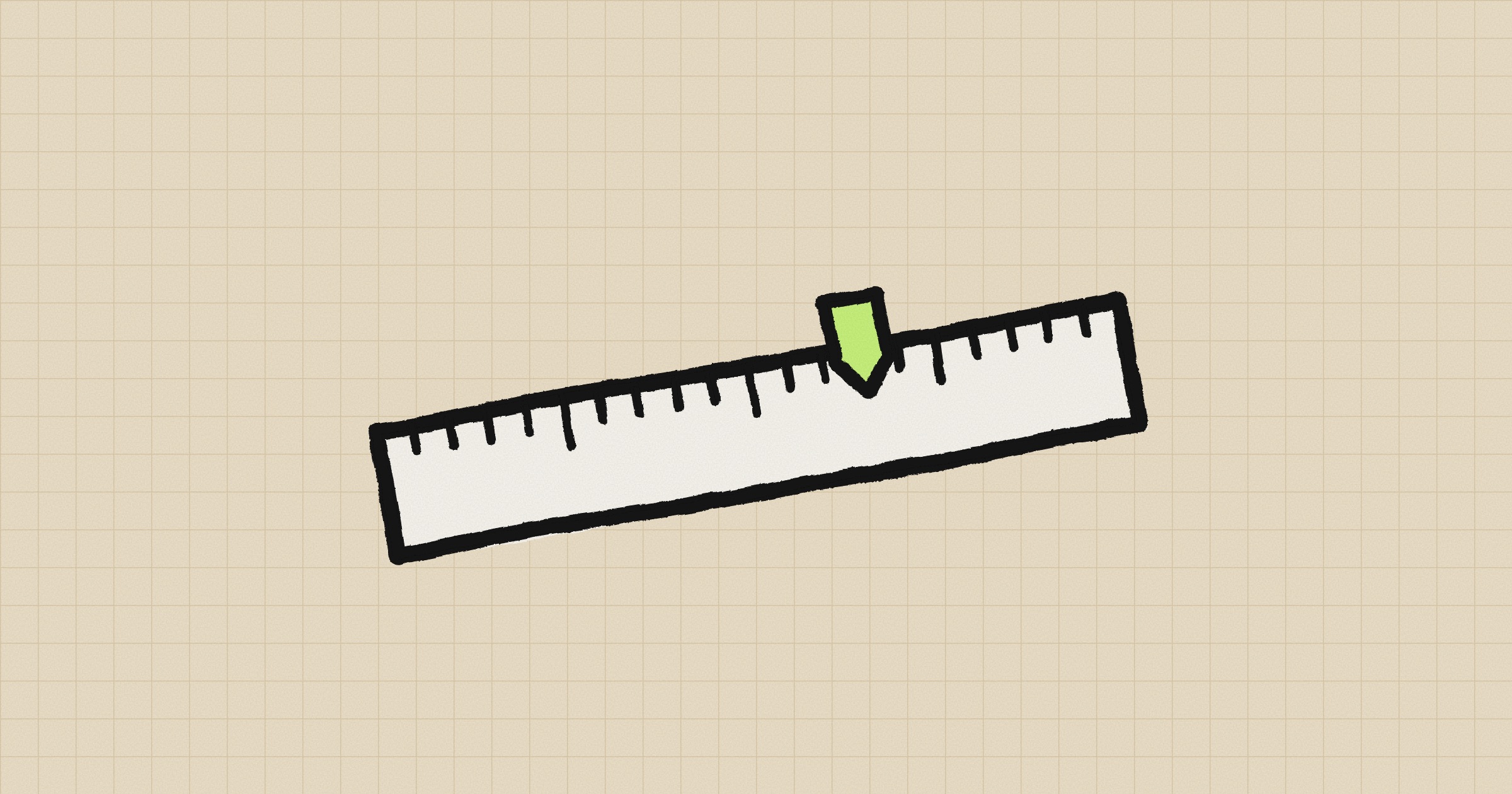 A hand-inked ruler on a sand-coloured grid, with a lime marker set partway along its scale