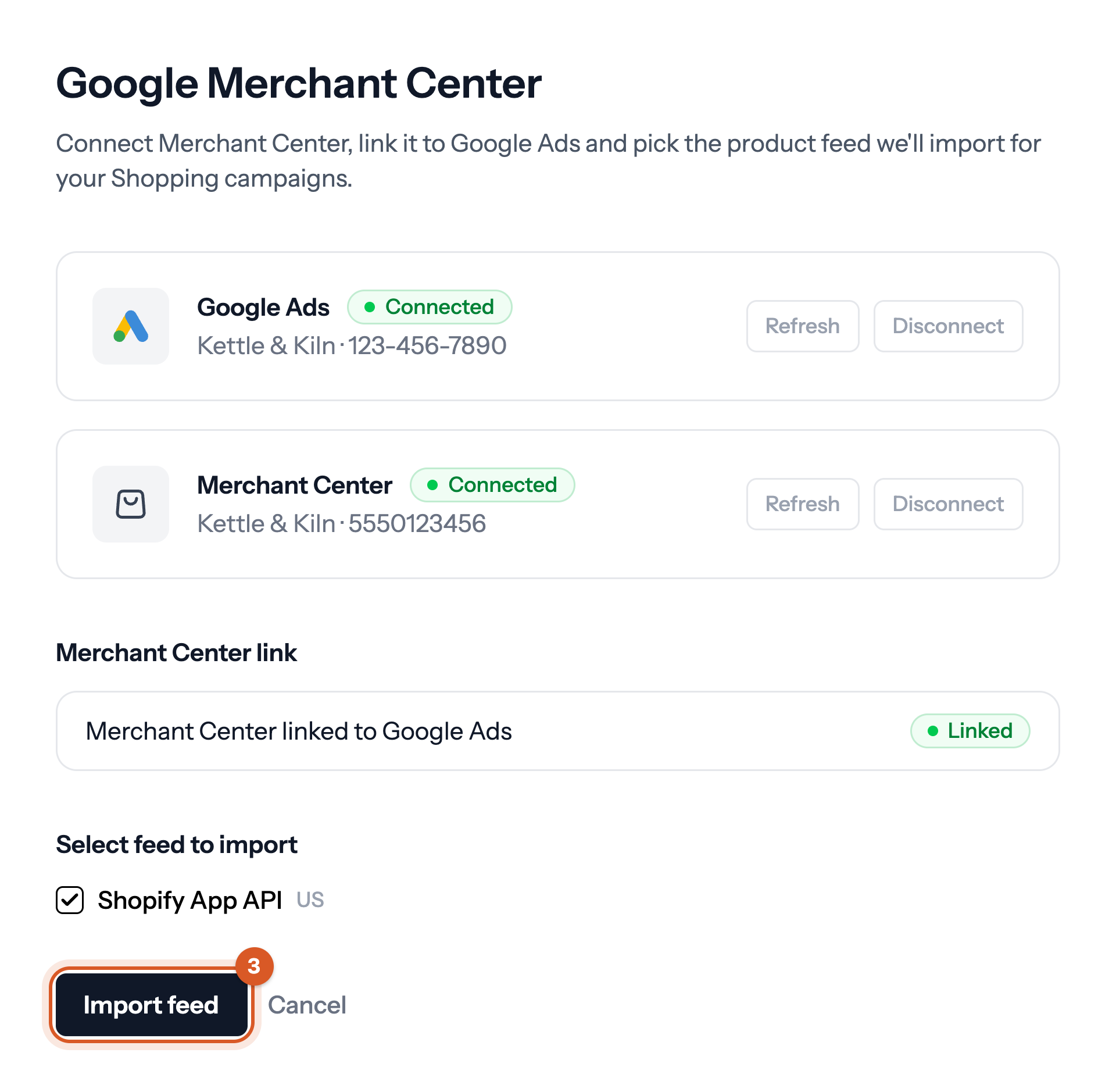 Bavian's Merchant Center setup with both accounts connected and linked, a feed ticked under Select feed to import, and Import feed marked 3