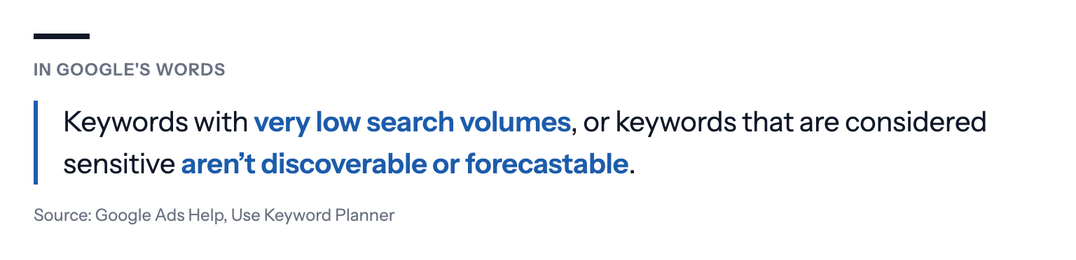 In Google's words: Keywords with very low search volumes, or keywords that are considered sensitive aren't discoverable or forecastable. Source: Google Ads Help, Use Keyword Planner