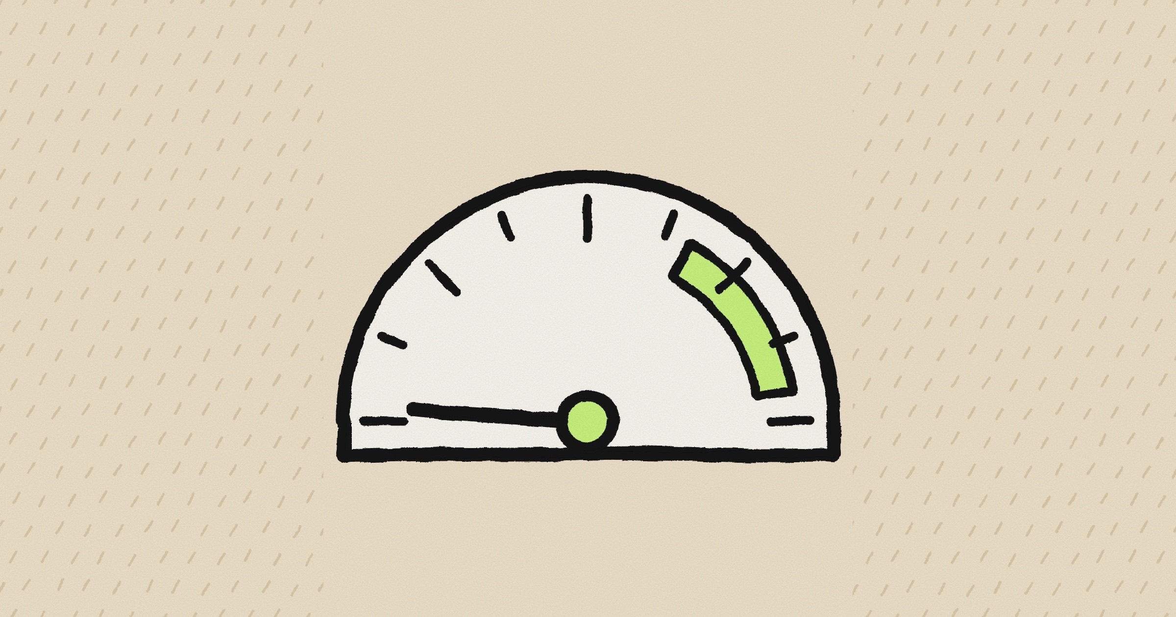 A hand-inked gauge on a sand background, its needle resting on zero and a lime band at the high end of the scale
