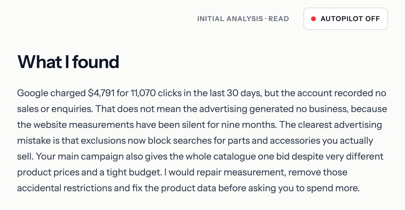 Bavian's first analysis of the account, headed 'What I found'. It says Google charged money in the last 30 days with no recorded sales or enquiries, that the website measurements had been silent for nine months, and that exclusions blocking the shop's own parts and one bid for the whole catalogue were the clearest mistakes.