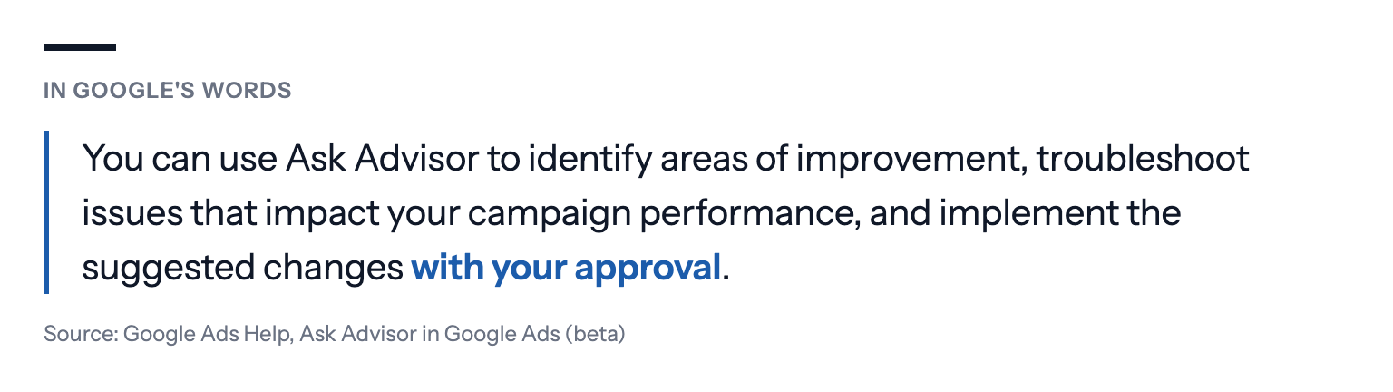 Google's own words, from the Google Ads Help page on Ask Advisor: "You can use Ask Advisor to identify areas of improvement, troubleshoot issues that impact your campaign performance, and implement the suggested changes with your approval."
