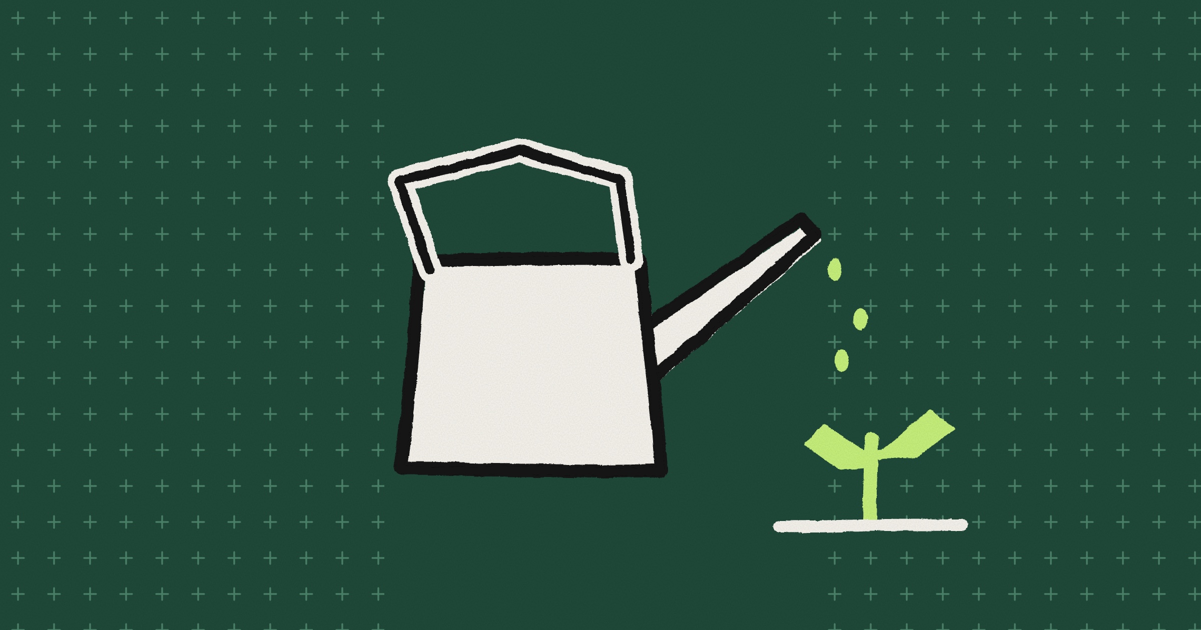 A hand-inked paper watering can on a dark green background with plus marks at both sides, lime drops falling from its spout onto a small lime sprout