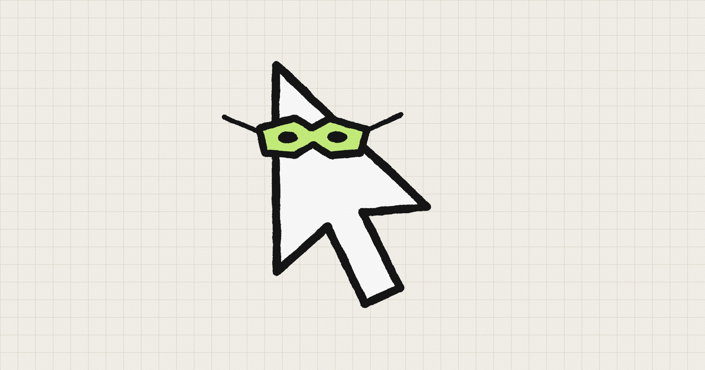 A hand-inked white mouse cursor wearing a small lime eye mask, on a paper-white background with a fine grid