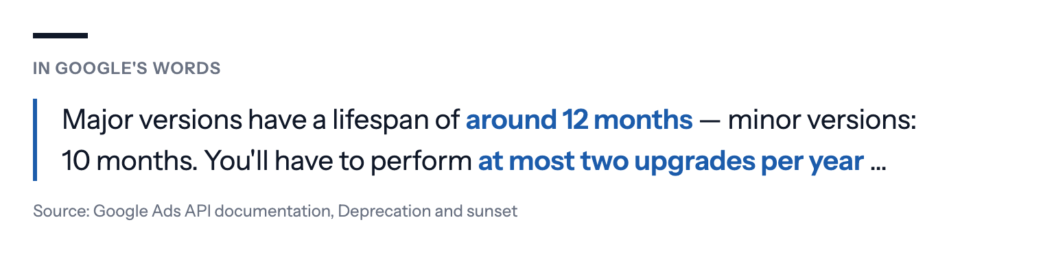 Google's own words, from the Google Ads API documentation on deprecation and sunset: "Major versions have a lifespan of around 12 months — minor versions: 10 months. You'll have to perform at most two upgrades per year"